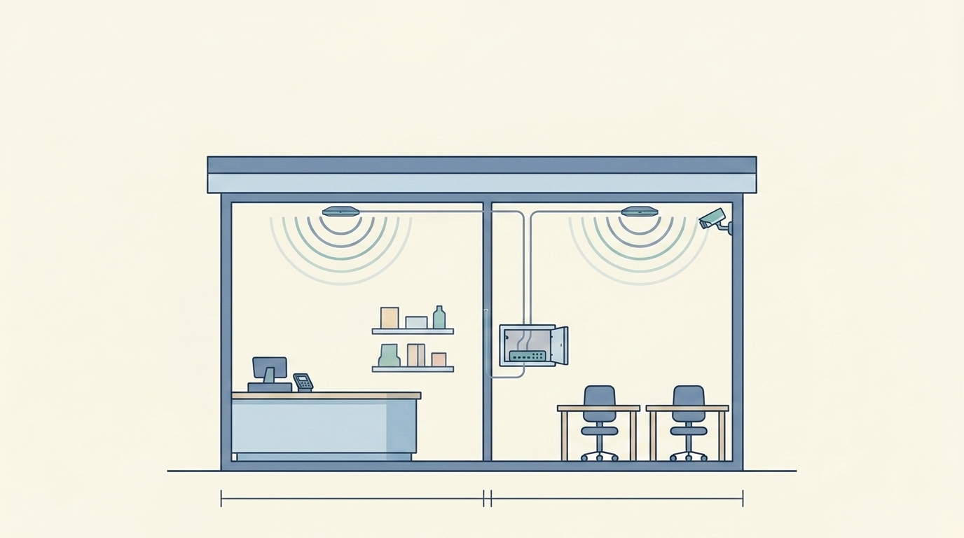 Flat illustration of a commercial storefront and back-office cross-section with WiFi access points, a network cabinet, and a security camera