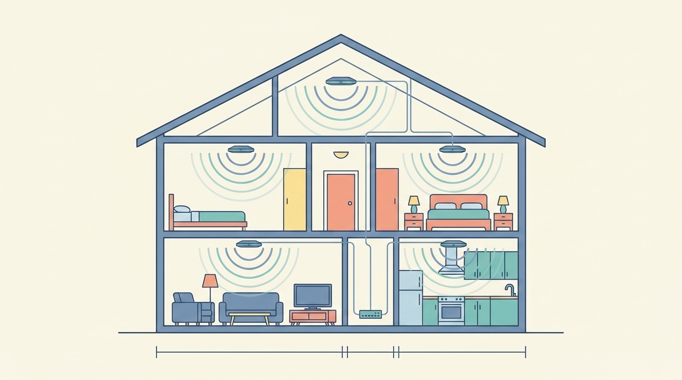 Flat illustration of a two-story home cross-section with ceiling WiFi access points covering every room